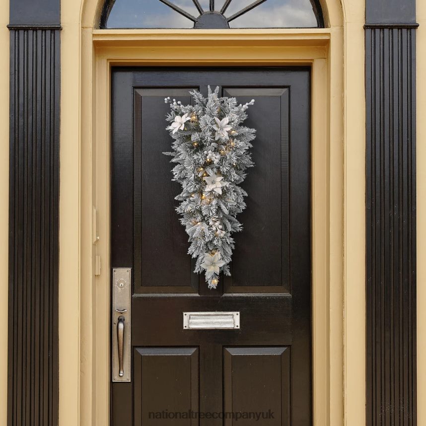 Greenery | National Tree Company Pre-Lit Artificial Christmas Teardrop Green Colonial Fir White Lights Decorated with Pine Cones Flowers Frosted Branches Christmas Collection 32 Inches F2L4F50